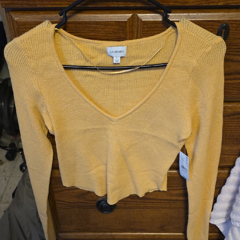 La Hearts Mustard Long Sleeve V-Neck Top